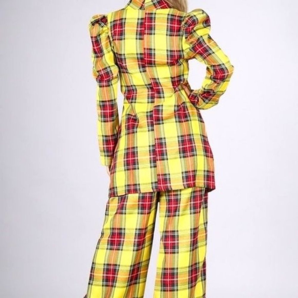Callie Berry: Sunshine Yellow Puff Sleeve Plaid Oversized Palazzo Pant Medium - Picture 16 of 17